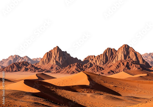 Vast desert landscape with sand dunes and rugged mountains under a dark sky isolated on a transparent background