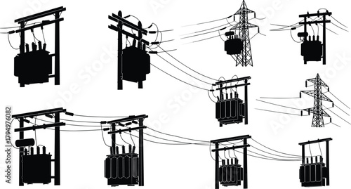 Silhouette vector illustration of electrical transformers and utility poles—power grid infrastructure, voltage system, energy distribution network layout for engineering and planning