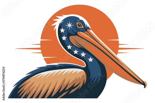 Striking pelican artwork capturing the majestic nature of the bird with an emblematic flair, framed by a vivid sunburst, conveying spirit and distinction and heritage