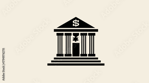 Bank building icon with dollar sign symbol. Financial institution for banking, economy, investment, savings, and wealth management.