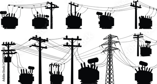 Silhouette vector illustration of electrical transformers and utility poles—power grid infrastructure, voltage system, energy distribution network layout for engineering reference