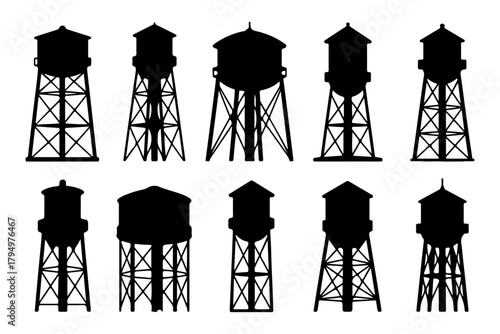A comprehensive collection of diverse water tower silhouettes, featuring various architectural designs and support structures, representing essential municipal and industrial utility infrastructure