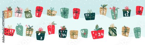Cute hand drawn gift boxes with numbers from 1-24, adventcalender, great for online banners, prints - vector design