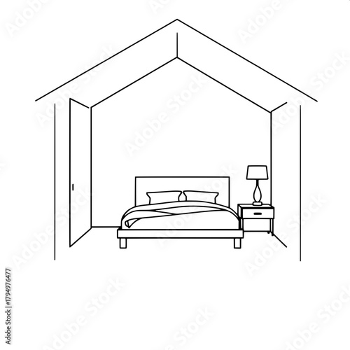 Graphic black-line illustration of a house outline with a modern interior bedroom featuring a bed in the middle of the room, a sleek lamp positioned on a bedside table to the right of the bed, against