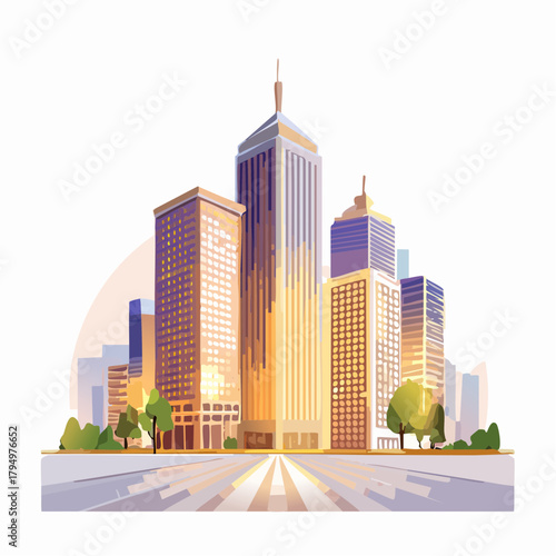 Vibrant digital illustration of a modern city skyline with gleaming skyscrapers bathed in the warm, glowing light of a sunrise or sunset
