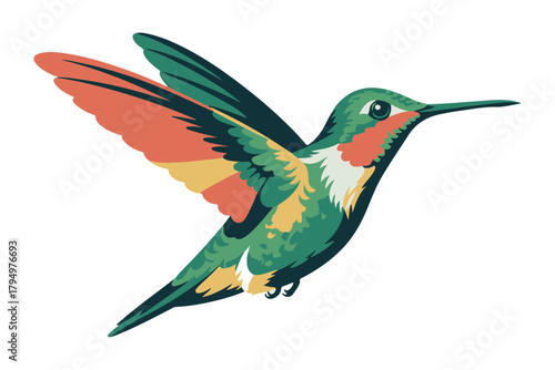 Elegant depiction of a small, brilliantly colored hummingbird hovering with outstretched wings, embodying the essence of nature's delicate wonders and swift flight in a vibrant artistic style