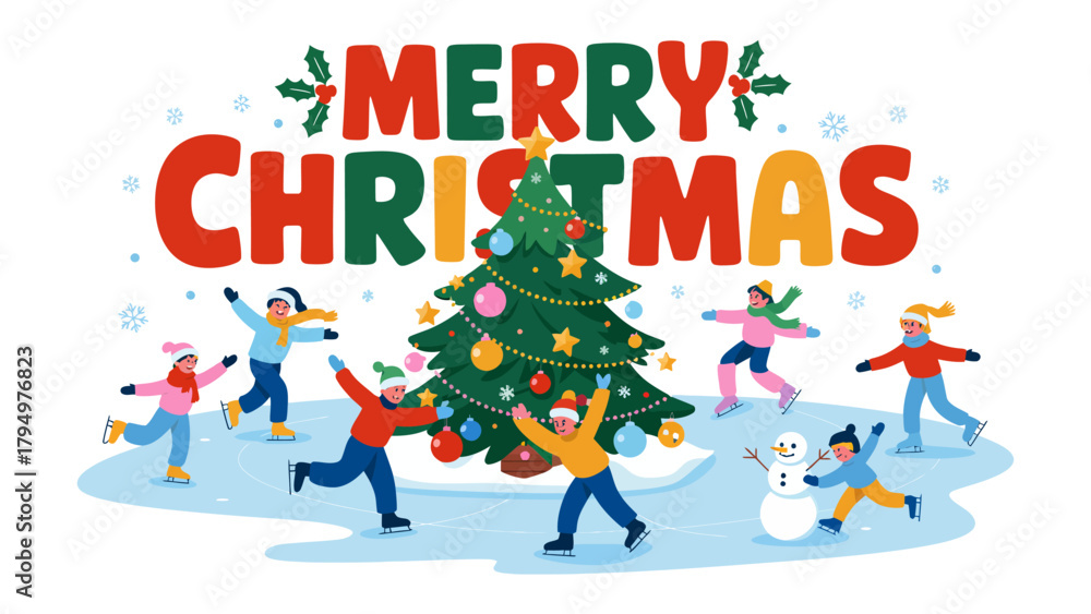 Fototapeta premium Joyful Christmas Celebration: A vibrant scene of people ice skating and playing in the snow, celebrating the festive spirit with a decorated Christmas tree and playful snowman. 