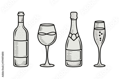 Outline vector of wine bottle, wine glass, champagne bottle, and flute. Ideal for elegant celebrations and festive dining concepts