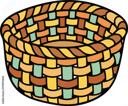 Colorful Woven Basket With Orange Yellow Green And Brown Hues Isolated On White Background