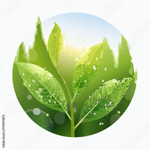 A vibrant green plant with dew drops, set against a blurred backdrop of trees and a sunlit sky, symbolizing nature's fresh start and growth