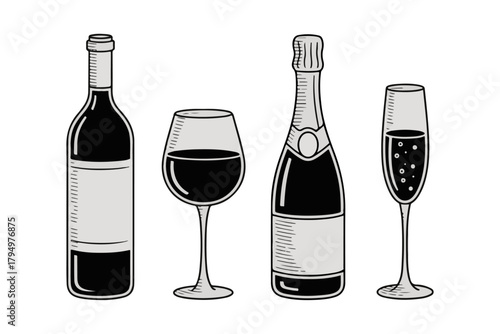 Vector illustration of wine bottles and glasses filled with red wine and sparkling wine on a white background