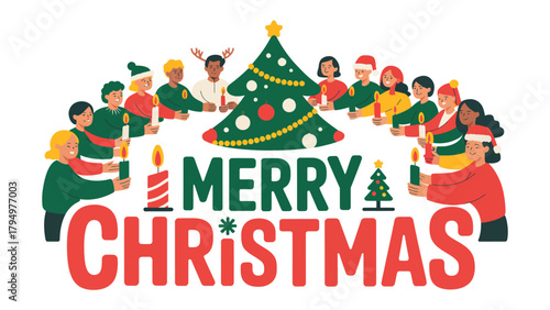 Festive Gathering: A festive Christmas scene unfolds with a circle of diverse individuals, gathered around a decorated tree, their faces alight with the spirit of the season.