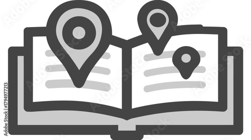Open book with multiple map pin icons, symbolizing travel planning, journey itinerary, location guide, story mapping, and discovery.