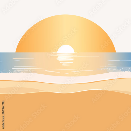 Golden sunset over tranquil ocean waves, reflecting warm light on a serene sandy beach, evoking a peaceful evening landscape scene with a vibrant, stylized glow