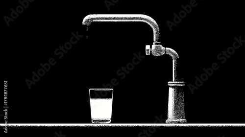 Dripping faucet pouring a single water droplet into a clear glass against a stark black background, symbolizing conservation and scarcity.