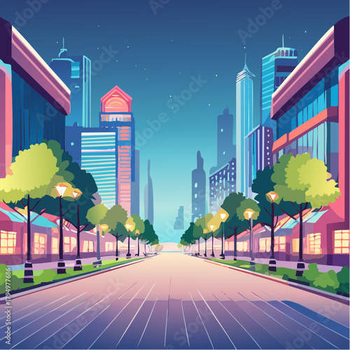 Stylized urban street scene at twilight, showcasing a modern cityscape with towering skyscrapers, glowing lights, and a serene night sky