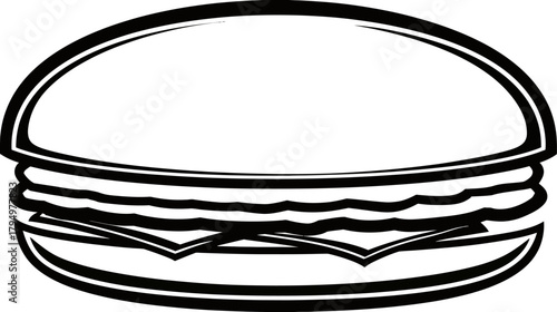 Black and white outline vector icon of a classic cheeseburger with multiple layers and cheese, delicious fast food meal illustration.