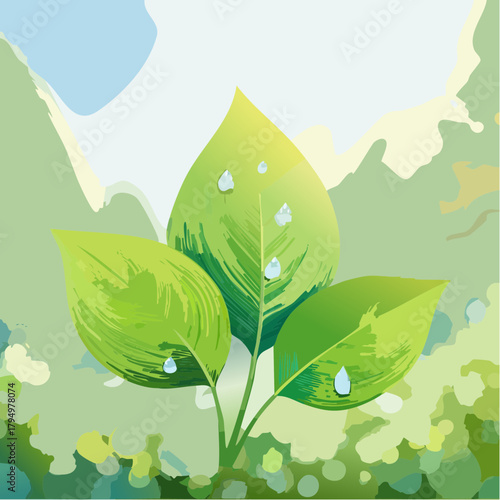 Digital painting of a young sapling with morning dew on its vibrant leaves, symbolizing growth and ecology against a soft natural background