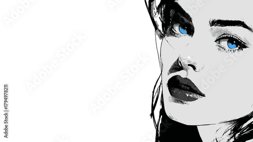 Striking close-up of a woman's face with vibrant blue eyes in a dramatic black and white digital art illustration, pop art style.