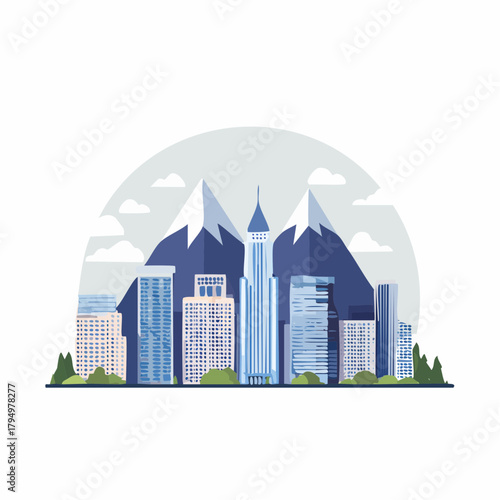 Cityscape Icon Modern Urban Architecture with Mountains in the Background, vector illustration