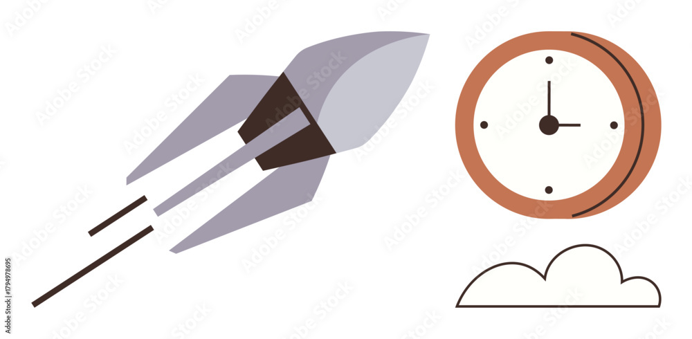 Fototapeta premium Rocket shooting forward beside clock and cloud. Ideal for innovation, productivity, time management, progress, future planning, ambition, efficiency themes. Simple flat metaphor