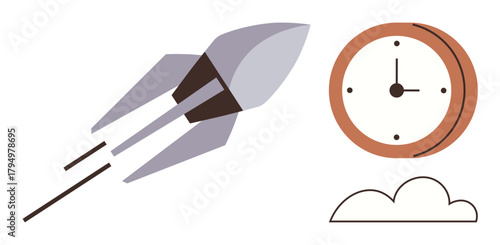 Rocket shooting forward beside clock and cloud. Ideal for innovation, productivity, time management, progress, future planning, ambition, efficiency themes. Simple flat metaphor