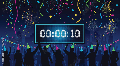 Vibrant New Year's Eve party with a cityscape backdrop, digital countdown, and jubilant crowd