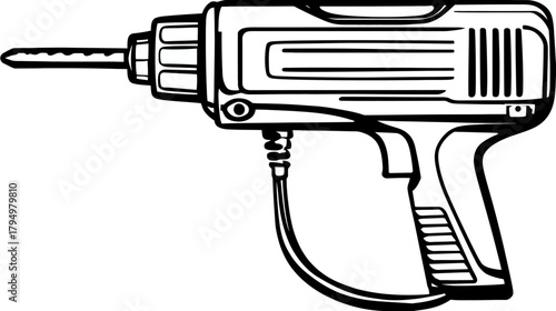 Classic Electric Power Drill Line Art Illustration. Essential Handheld Tool for DIY, Home Improvement, and Construction Projects.