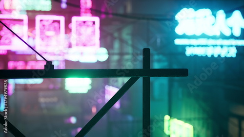 Obraz na plátně A vibrant city scene comes alive with colorful neon lights reflecting on buildings