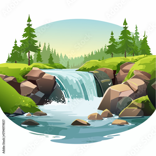 Scenic waterfall cascading down rocky terrain, surrounded by lush greenery, capturing the essence of nature's beauty