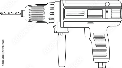 Detailed line art illustration of a cordless power drill with a drill bit, essential tool for DIY, construction, and home improvement.