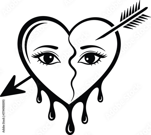 Black and white illustration of a broken heart pierced by an arrow with dripping effect love