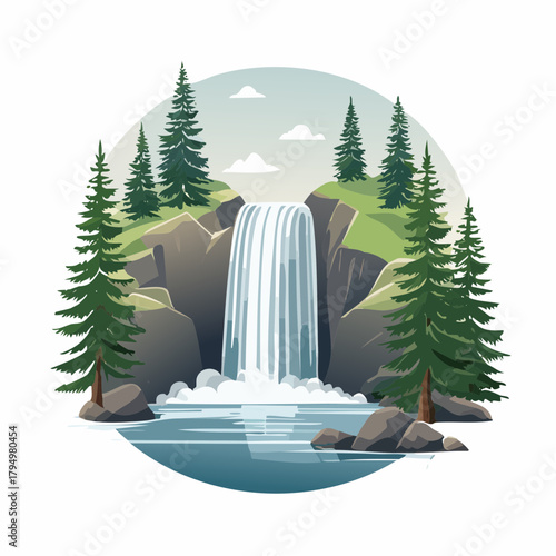 Scenic waterfall cascading into a serene lake surrounded by lush green trees and rocky cliffs under a cloudy sky, a picturesque natural landscape illustration