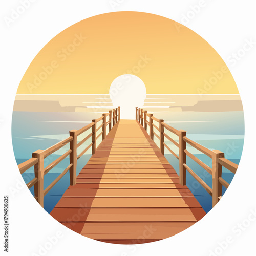 Serene wooden pier leading towards a bright sunrise over a calm body of water, symbolizing peace and new beginnings
