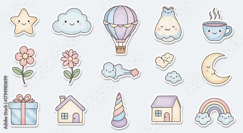 Cute Kawaii Style Stickers Featuring Adorable Celestial Bodies, Sweet Treats, and Cozy Homes