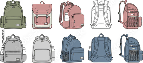 Backpack illustration set, colorful school and travel bags, various styles and features, fashion accessory collection, flat vector illustration