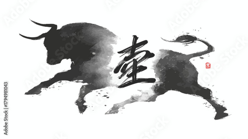 Powerful dynamic bull ink wash painting. Traditional Asian art style ox illustration, symbolizing strength, determination, and success.