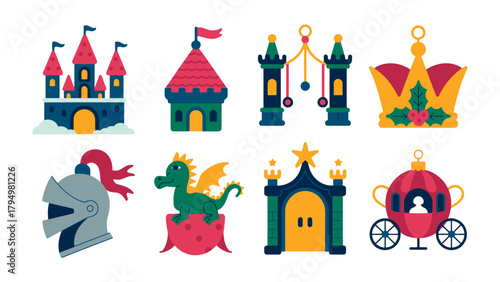 Enchanted realm elements:  Whimsical array of elements from an imaginary realm, including a majestic castle, regal crown, armored helmet, and a mythical creature.