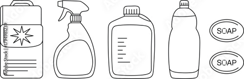 Cleaning Product Bottles and Soap Icons Line Art spray detergent