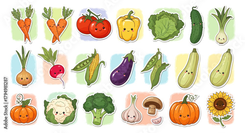 Charming Collection of Kawaii-Style Fruits and Vegetables with Expressive Faces and Vibrant Colors