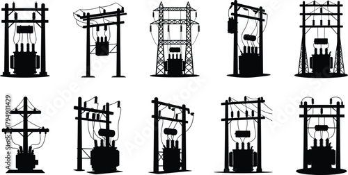 Silhouette vector illustration of electrical transformers on support structures—power grid infrastructure, voltage system, energy distribution network layout for engineering reference