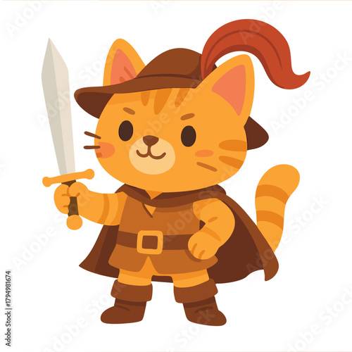 Noble Cat with Sword: A brave cartoon cat, equipped with a sword, embodying courage and chivalry in a whimsical, engaging illustration.