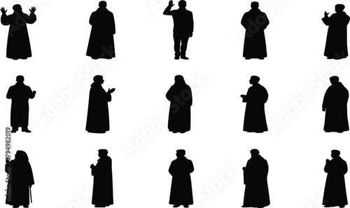 Robed figure silhouette, black graphic, vector illustration, spiritual pose, gesture icon, religious attire, contemplative stance, cultural character, expressive postureRobed figure silhouette, 