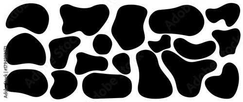 Set of playful blob shapes scattered vector illustration. Abstract organic design elements. Modern doodle liquid black shape frame. Curve wavy oval pattern.

