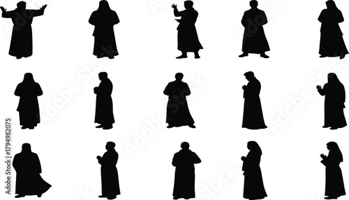 Robed figure silhouette, black graphic, vector illustration, spiritual gesture, religious posture, cultural icon, expressive stance, contemplative pose, tradition, characterRobed figure silhouette,