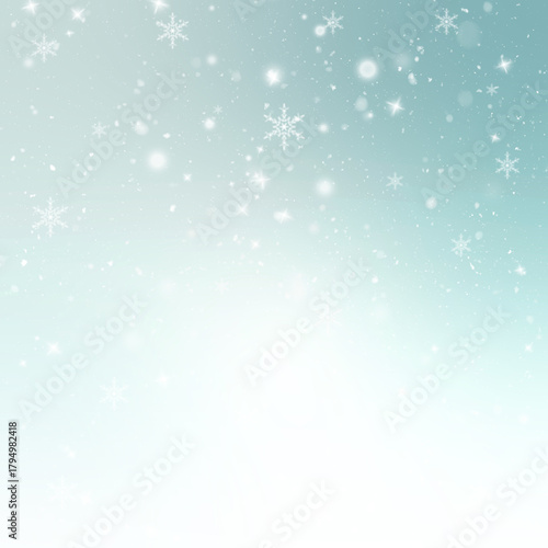 Christmas and New Year's square snow background featuring sparkling snowflakes, particles, and glowing stars on a bright mint blue gradient © Arma