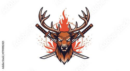 Illustration of a deer head with crossed swords and flame elements in the background.