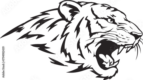 Fierce Roaring Tiger Head Vector Illustration with Open Mouth and Fangs in Black and White Monochrome Style