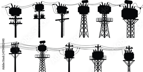 Silhouette vector illustration of electrical transformers on utility poles and towers—energy grid infrastructure, voltage system, power distribution network layout design