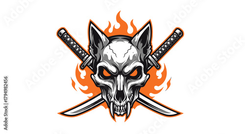 A stylized wolf skull with crossed katanas and flames behind it, creating an edgy and fierce design.